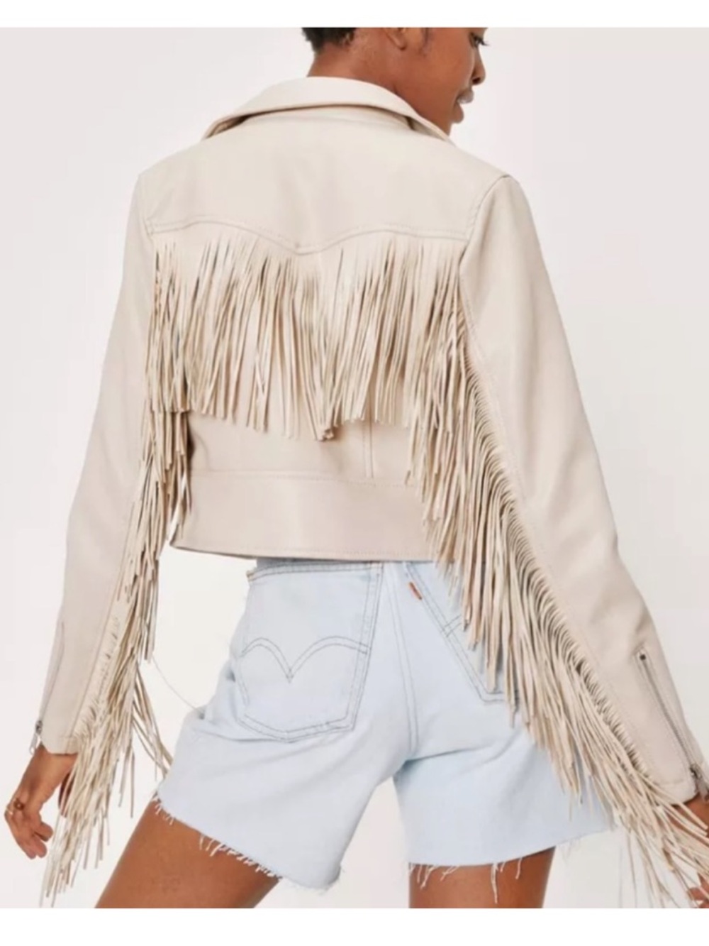 Nasty Gal Fringe Beige Faux Vegan Leather Moto‎ Jacket Boho Festival Summer
